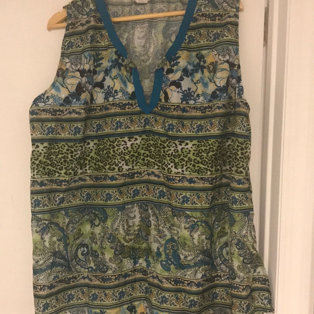 Mixed Print Teal and Green Sleeveless Shirt